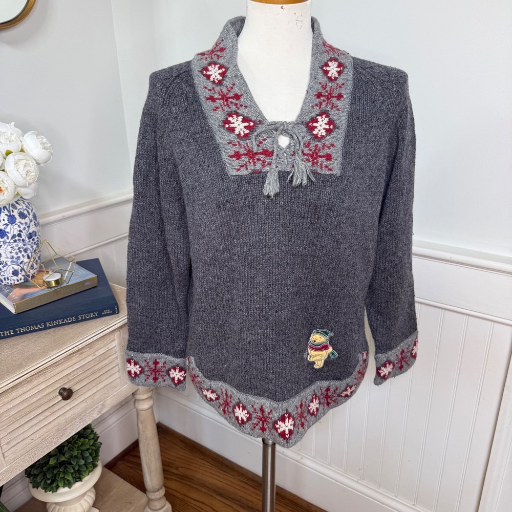 Disney Store Winnie the Pooh Snowflake Fair Isle Sweater Grey Wool Blend Small